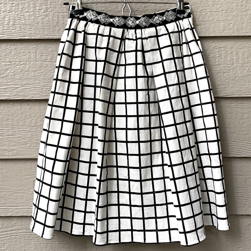 Endless Rose Fit and Flare Skirt Embellished Beaded Waistband Windowpane Print